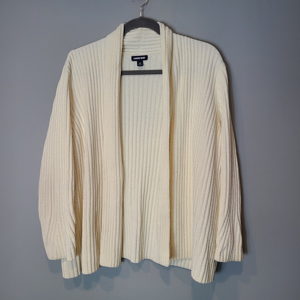 Lands End Cardigan Sweater Women Size 3X Ribbed Chenille Cream Flowy Stretch
